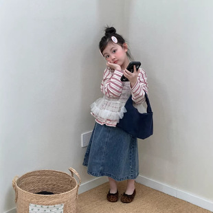 韩国童装女童2026春款红色条纹T恤网纱吊带两件套儿童超好看上衣