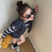 洋气牛仔马甲条纹上衣2026纯色百搭短裤 新款 三件套潮 春季 女童韩版