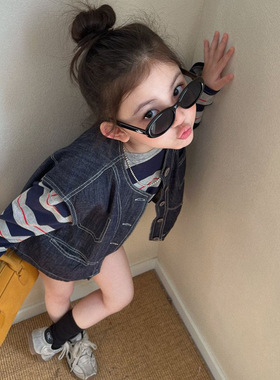 女童韩版春季新款洋气牛仔马甲条纹上衣2026纯色百搭短裤三件套潮