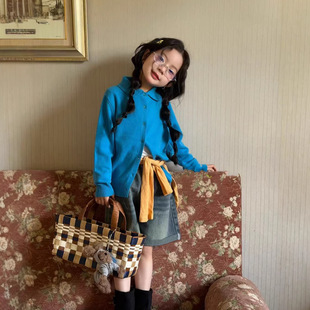 26春装儿童韩版翻领针织开衫女童纯色毛衣外套洋气毛线衫上衣