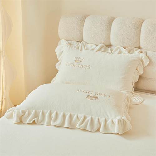 冬季加厚牛奶绒枕套欧式纯色简约风枕头套48x74cm荷叶花边枕芯罩