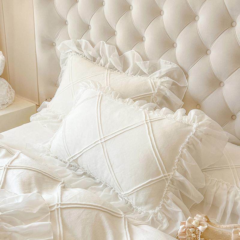 牛奶绒枕套冬季加绒公主风白色粉色蕾丝花边枕芯套女生韩版枕头罩