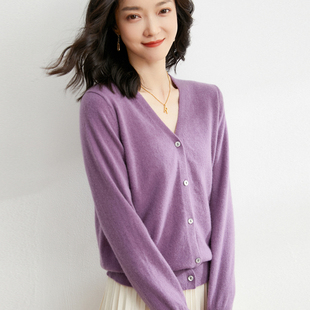100纯羊毛外套显瘦 纯色打底衫 针织线衣女V领系扣毛衣开衫 春秋冬季