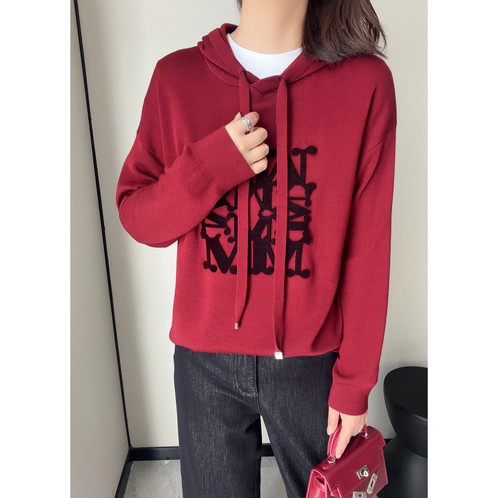 宽松慵懒！100%绵羊毛植绒牙刷绣四平针休闲连帽针织卫衣套头毛衣