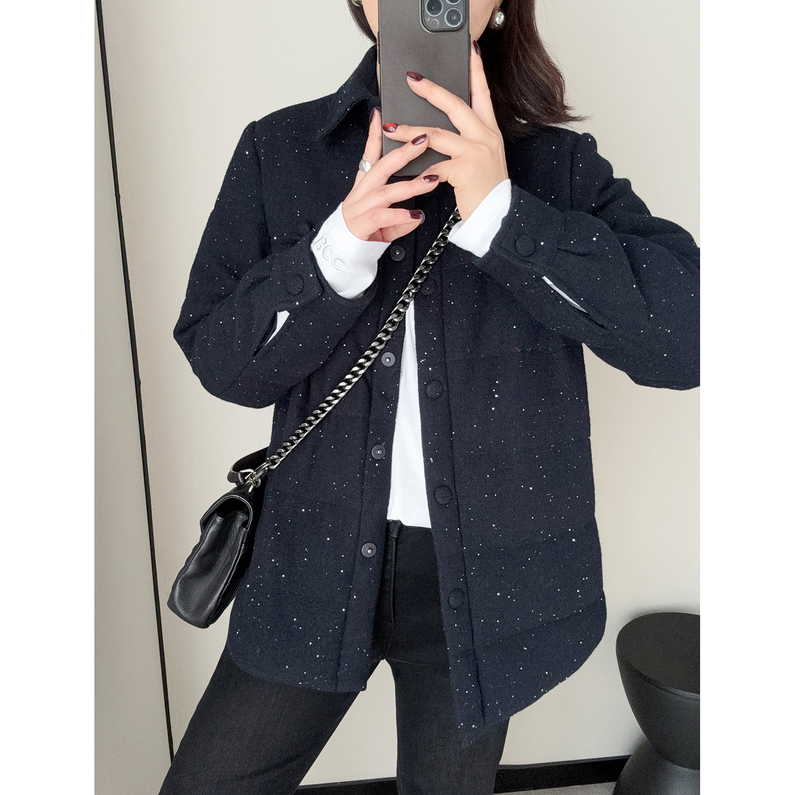 BC老钱风！闪闪亮片羊毛混纺90白鹅绒衬衫款轻便型羽绒服保暖外套