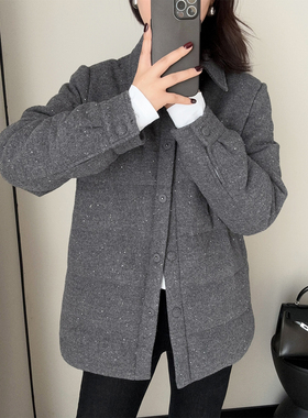 BC老钱风！闪闪亮片羊毛混纺90白鹅绒衬衫款轻便型羽绒服保暖外套