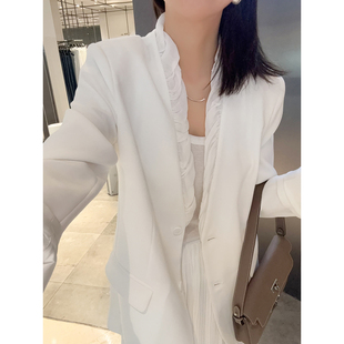 外套 褶皱木耳边拼接醋酸混纺白色黑色V领西装 春夏BI入 仙美优雅