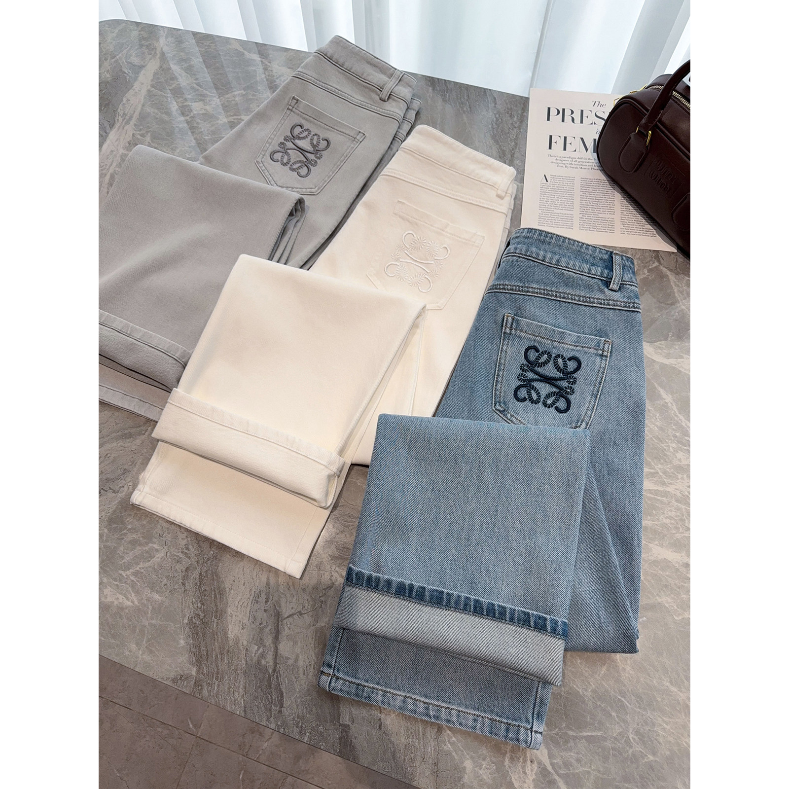 时髦又吸睛！早春新款奢感刺绣口袋窄版阔腿牛仔裤直筒长裤