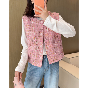 外搭 小香风马甲短款 一眼心动 显白蜜桃粉羊毛混纺编织粗花呢法式
