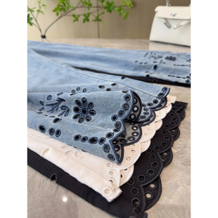 CHAO薄CHAO舒适 莱赛尔+棉时髦设计感镂空花边刺绣微喇九分牛仔裤