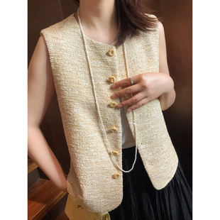 一眼沦陷 显白奶油黄轻奢高级感小香风粗花呢马甲背心 可盐可甜