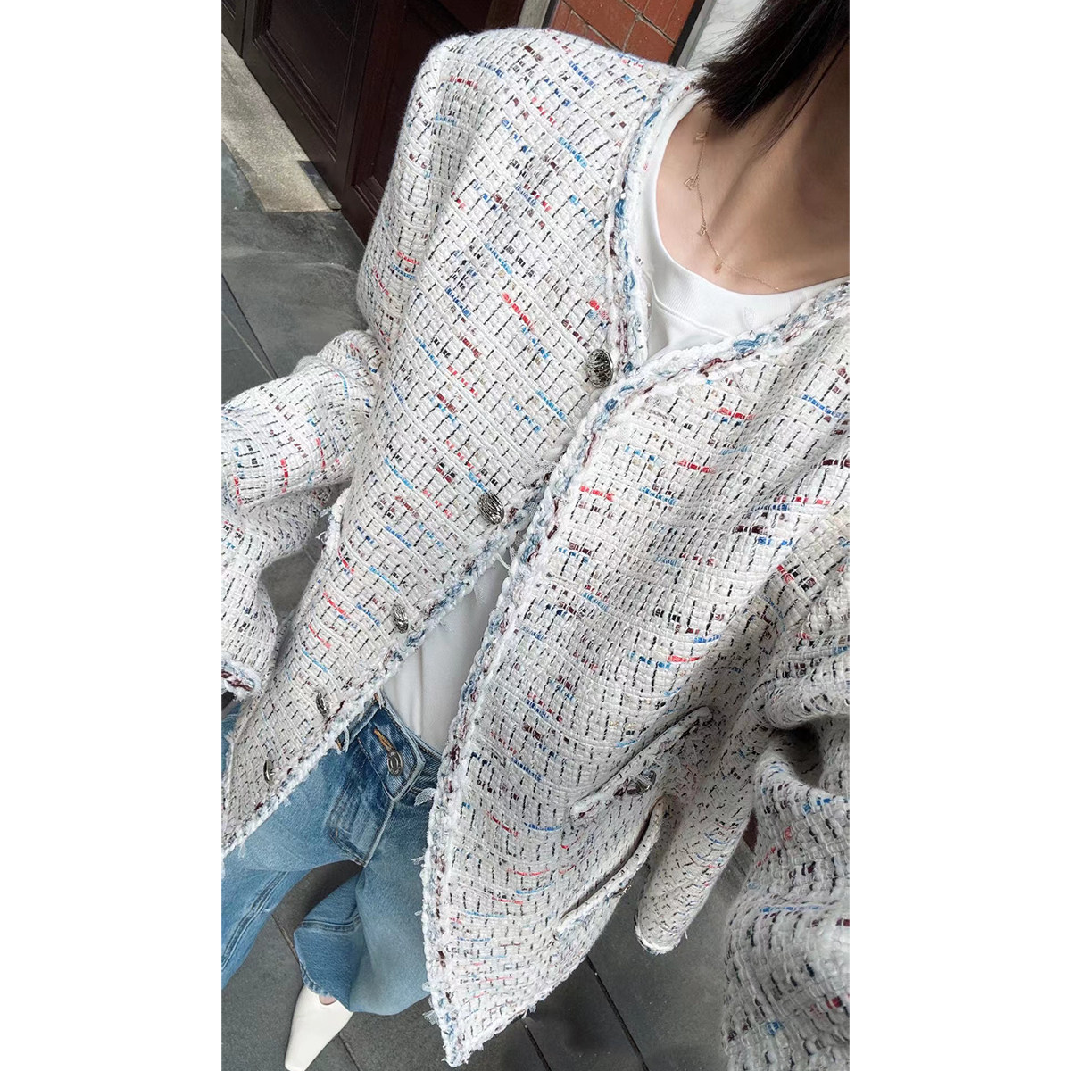 气质高级感！经典四口袋编织粗花呢单排扣中长款小香风廓版外套女,女装/女士精品,短外套,淘宝优惠券,粉丝福利购,淘宝优惠卷