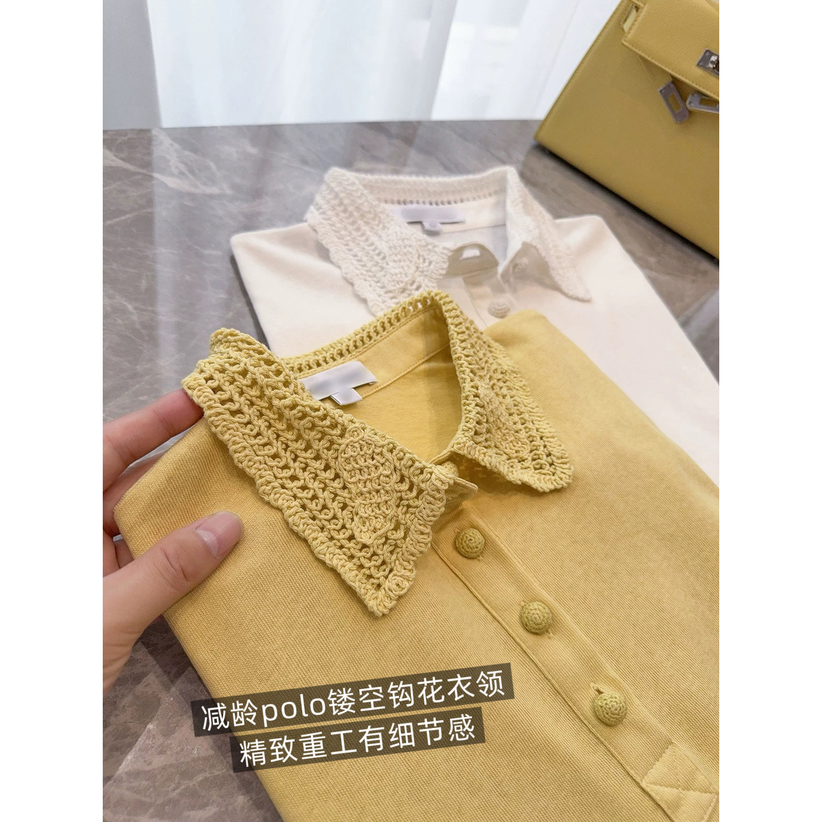 法式设计感！甜美减龄 镂空钩花领半门襟POLO领小飞袖T恤休闲上衣