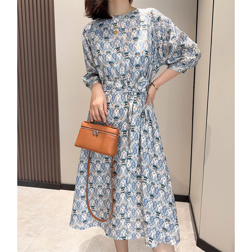 L/P高奢老钱风！重磅电力纺真丝印花宽松五分袖桑蚕丝腰带连衣裙