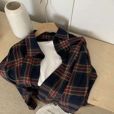 时髦帅气红黑格子长袖衬衫女上衣