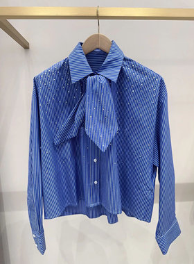 26春夏新款~MJ法式时尚条纹廓形烫钻休闲系领带衬衫上衣