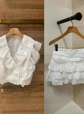 25春夏S@NDRO法式时尚层叠荷叶边亚麻衬衫+蛋糕裙半裙SFPJU01351