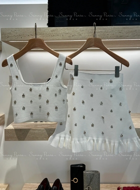 24春夏新款SD法式优雅白色短针织吊带背心上衣高腰半裙SFPJU01013