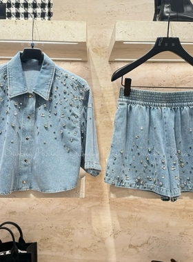 24春夏SD法式蓝色镶钻短款牛仔短袖衬衫上衣+短裤套装SFPCM01044