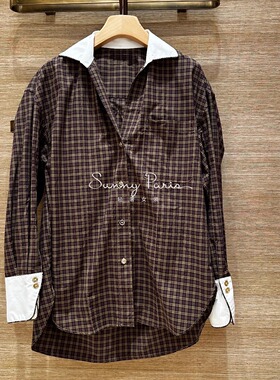 25秋冬新款SD法式时尚撞色方领翻领落肩袖格子长袖衬衫上衣