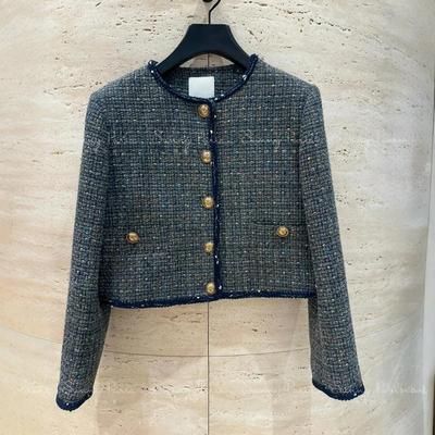 24秋冬S法式小香风粗花呢格纹系扣短款修身外套