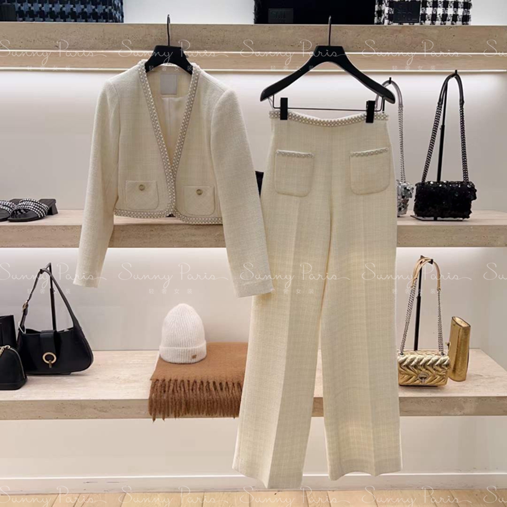 24春夏新款S@NDRO法式小香风优雅白珍珠边粗花呢短外套SFPVE00945