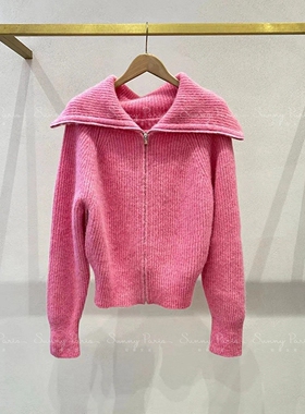 24秋冬Mj*法式甜粉色大翻领绵羊毛混纺针织衫上衣