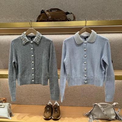 25春夏Mj*法式串珠水钻彼得潘领小香风羊毛针织开衫上衣