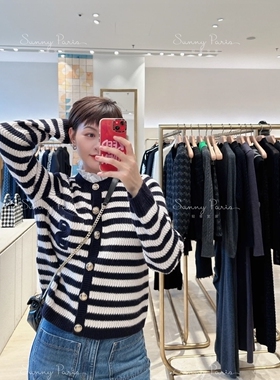 23秋冬新款SD法式清新S刺绣条纹花边领羊毛针织衫外套SFPCA00897