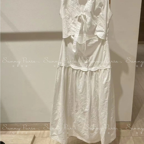 25春夏S法式波浪边V领蝴蝶结背心裙中长连衣裙