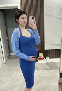 孕妇套装夏季港味复古背心裙气质挂脖露背修身显瘦连衣裙防晒坎肩