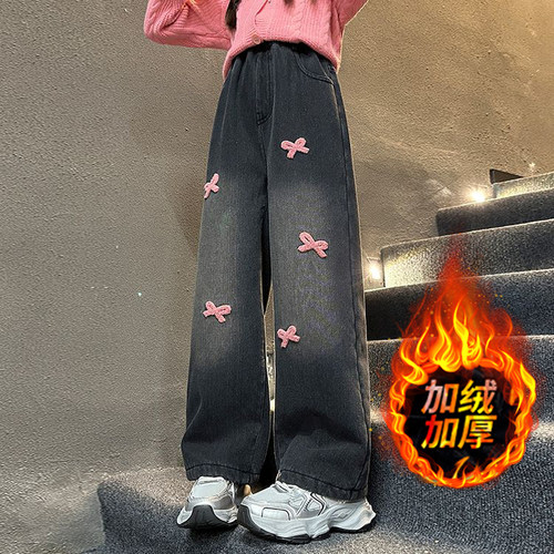 女童加绒牛仔裤直筒裤