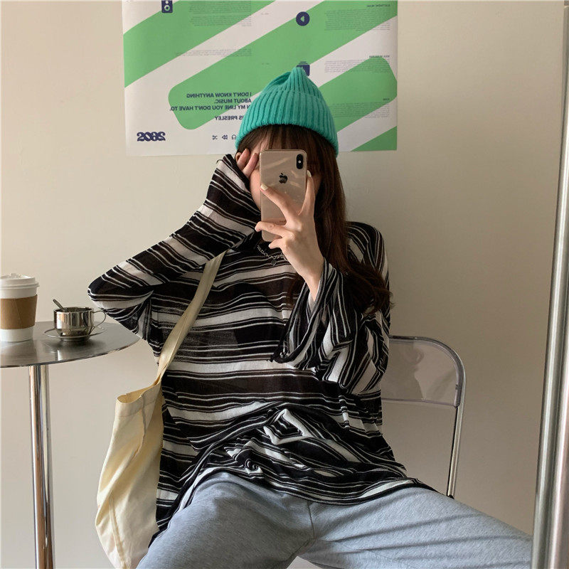 实拍实价 早秋条纹bf宽松慵懒风针织防晒衫百搭款空调衫罩衫