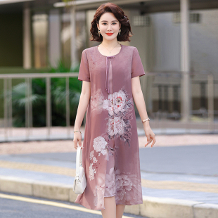 新中式妈妈短袖雪纺连衣裙洋气50多岁中老年女夏装过膝裙子阔太太