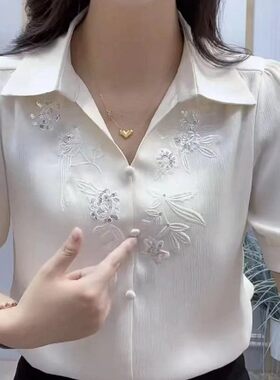 洋气时尚短袖衬衫女款中年t恤女2026新款夏内搭衬衫女上衣