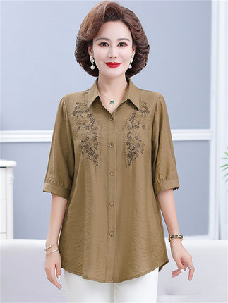 减龄妈妈夏装中袖刺绣衬衫新款短袖上衣中老年女宽松显瘦洋气衬衣