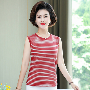 纯棉黑白条纹短款中年吊带背心女内搭外穿无袖妈妈夏装全棉打底衫