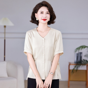 2025新款 小個子媽媽夏裝 襯衫 中老年女裝 小香風(fēng)短袖 洋氣質(zhì)雪紡上衣