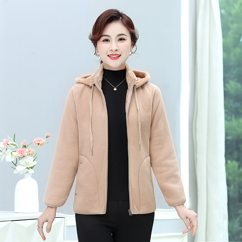 中老年春秋外套摇粒绒女妈妈抓绒卫衣奶奶秋冬加厚上衣休闲连帽