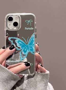 镜面梦幻蓝色蝴蝶适用三星s25ultra手机壳硅胶s23+/s24fe创意s22个性a55a15a16创意a54a34a35a53新款a35防摔