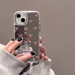 简约粉蝴蝶结适用三星s25ultra手机壳镜面s23fe新款 s22创意s21小众a55a15a16补妆镜a54a34a35a53防摔a56 s24