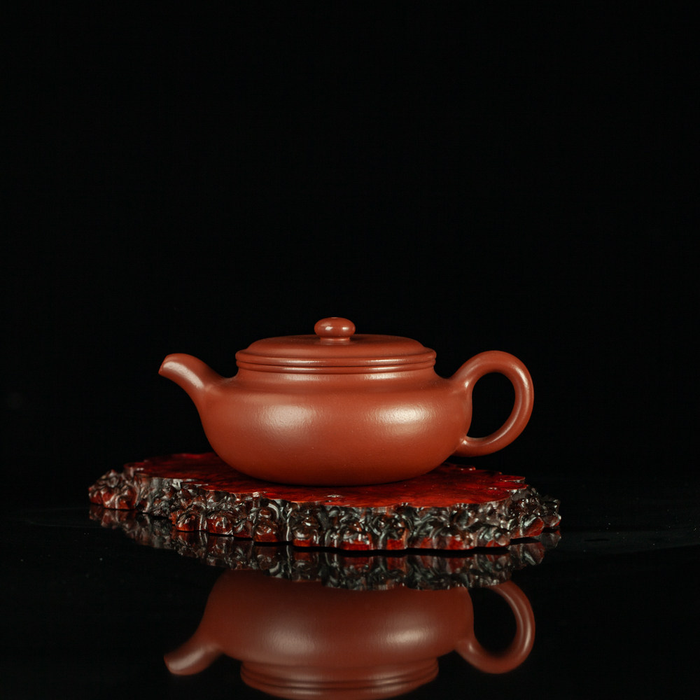 紫砂壶茶具茶道文玩雅器手工原矿朱泥泡茶壶200毫升扁腹紫砂壶