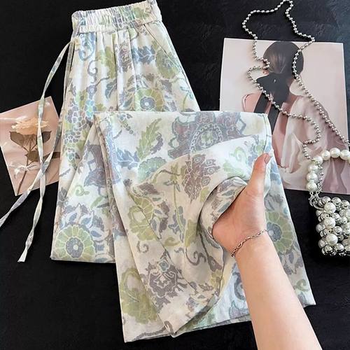 印花亚麻休闲裤女2025新款