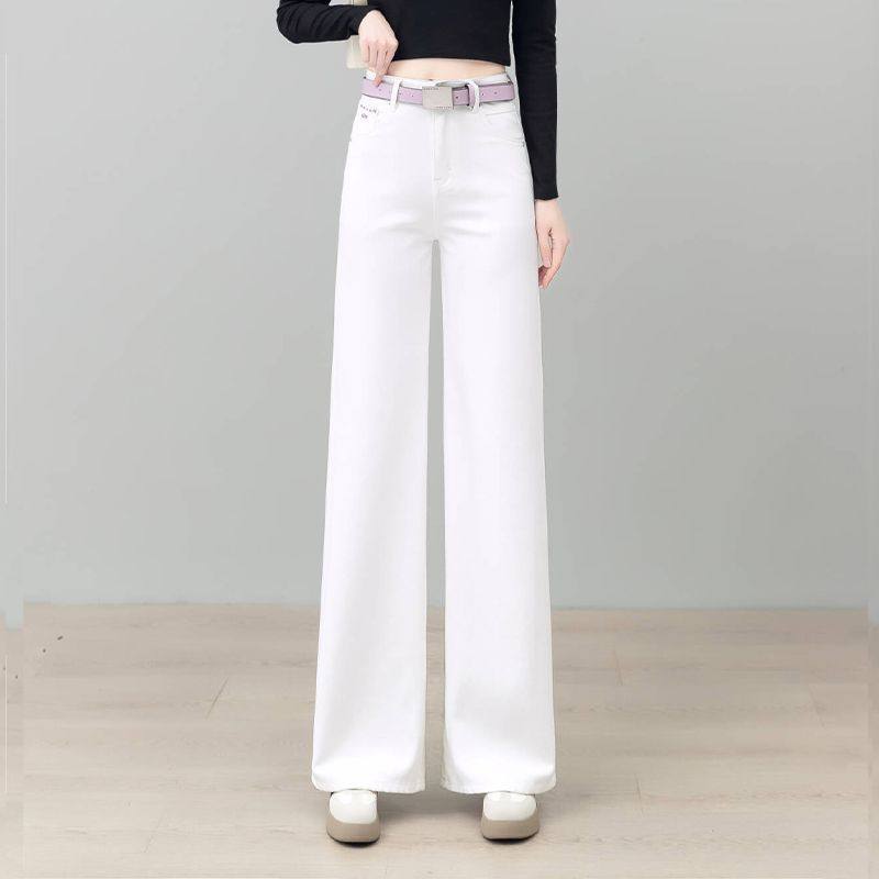 白色牛仔窄版阔腿女春秋2025新款刺绣高腰宽松显瘦垂感休闲直筒裤
