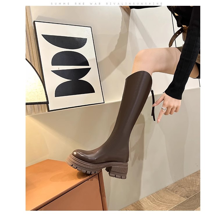 长筒靴女厚底棕色骑士靴2023新款秋冬季胖mm粗腿高筒靴不过膝长靴