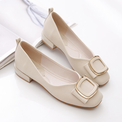 单鞋女粗跟浅口软皮软底妈妈鞋