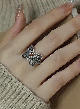 花丝蝴蝶红戒指女时尚高级感个性