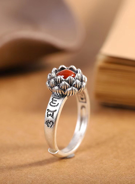 八瓣莲花戒指女款六字真言复古国潮民族风文艺范开口指环