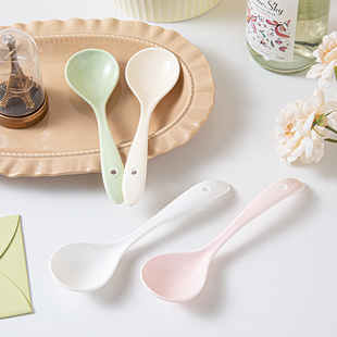 奶油风纯色陶瓷勺子餐具甜品勺大号创意家用儿童长柄汤勺辅食调羹