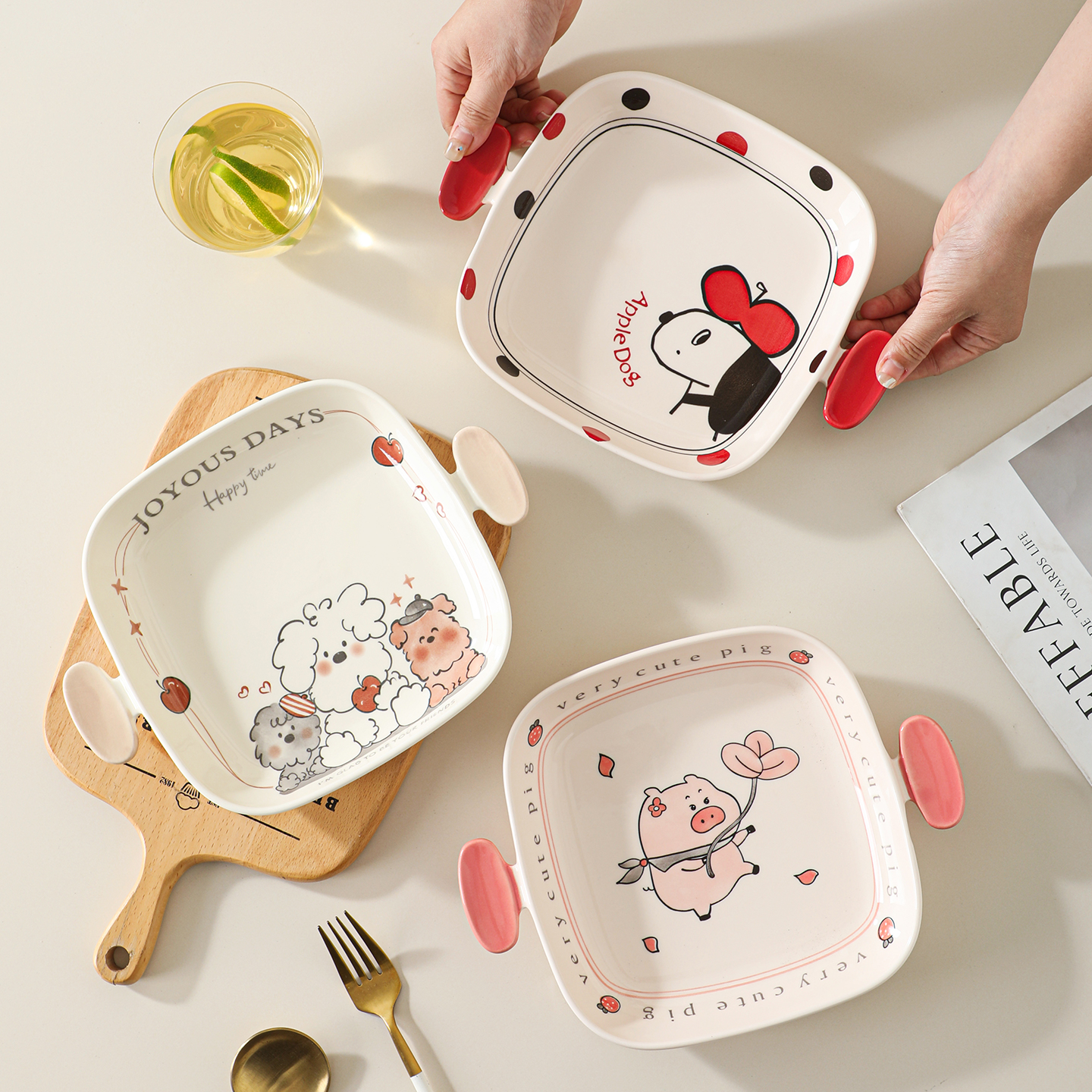 卡通双耳正方陶瓷盘家用菜盘子可爱网红餐具2025新款烤箱微波炉用
